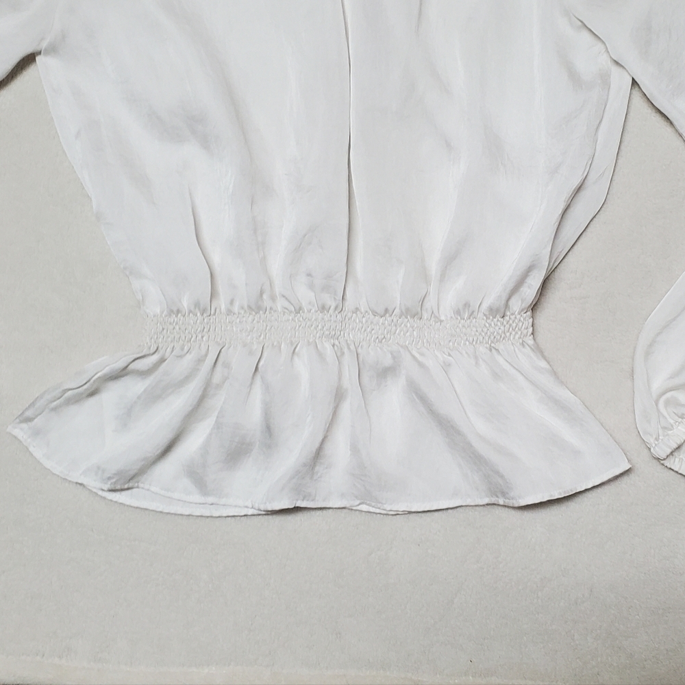 Retro Michael Kors Pearl Crinkled Satin Raglan Sleeve Smocked Waist Blouse Med - Picture 8 of 10